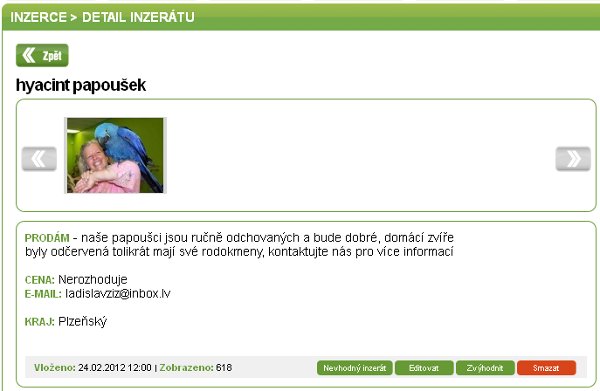 Ukázka podvodného inzerátu na webu iFauna.cz. Text je zjevně přeložený pomocí internetového translatoru, e-mail má podivnou koncovku a fotografie byla patrně ukradena z nějakého chovatelského webu. 