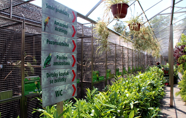 U vchodu do zoo už najdete ceduli se směrovkou k pavilonu amazoňanů (Foto: Jan Potůček, Ararauna.cz)