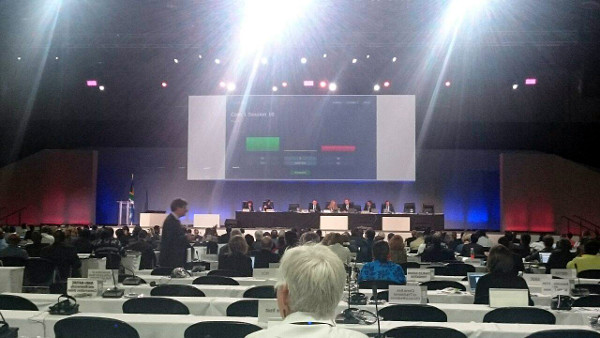 Výsledek hlasování o přeřazení žaků do CITES I na konferenci CoP17 v jihoafrickém Johannesburgu (Screenshot: CITES)